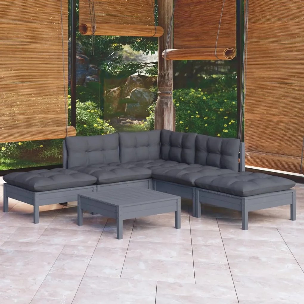 vidaXL 6 pcs conjunto lounge de jardim c/ almofadões pinho cinza