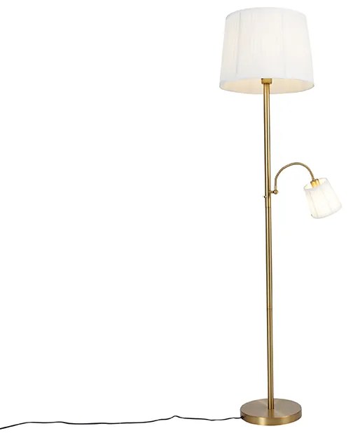 Candeeiro de pé clássico bronze abajur de tecido branco com candeeiro de leitura - Retro