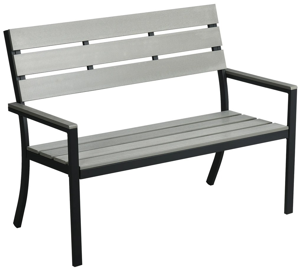 Outsunny Banco de Jardim 2 Lugares Banco para Exterior com Encosto Apoio para os Braços e Estrutura de Aço para Varanda Pátio Carga 240 kg 122x65x92 cm Cinza