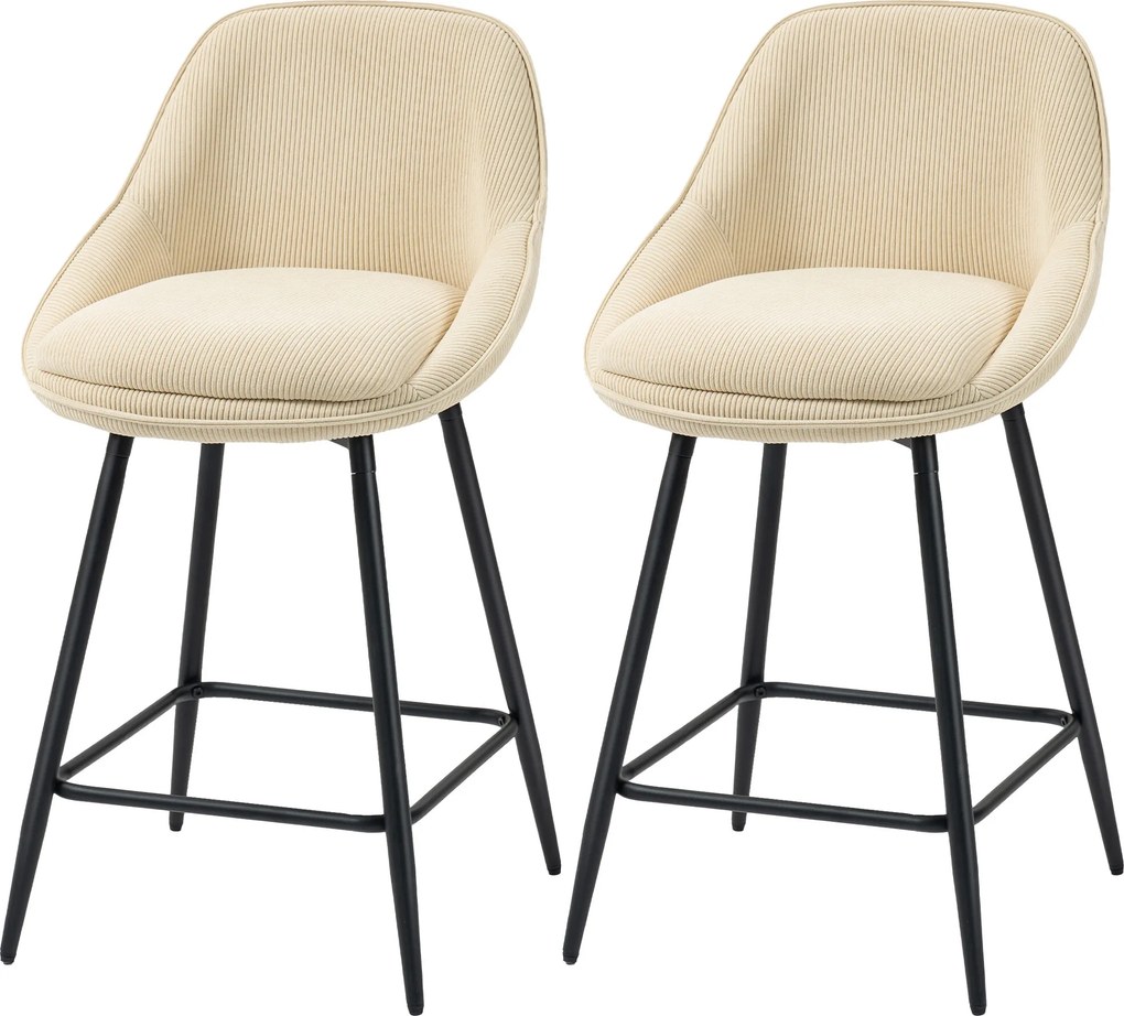 Conjunto de 2 bancos de bar em veludo canelado, bancos de bar com encosto curvo e apoio para os pés, 49 x 52 x 88 cm, bege