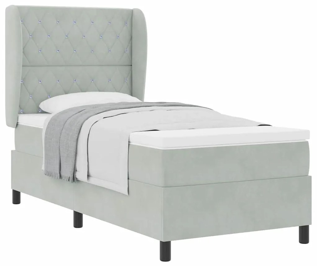 Cama Box Spring com Colchão - Cinza Claro - 90x200 cm - Veludo