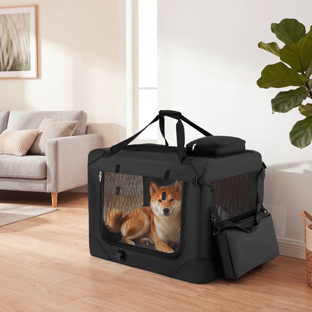 Transportadora dobrável tamanho M 72 x 52,5 x 52,5 cm para animais de estimação, com janelas de rede, 3 portas, cama felpuda e bolsos removíveis, para