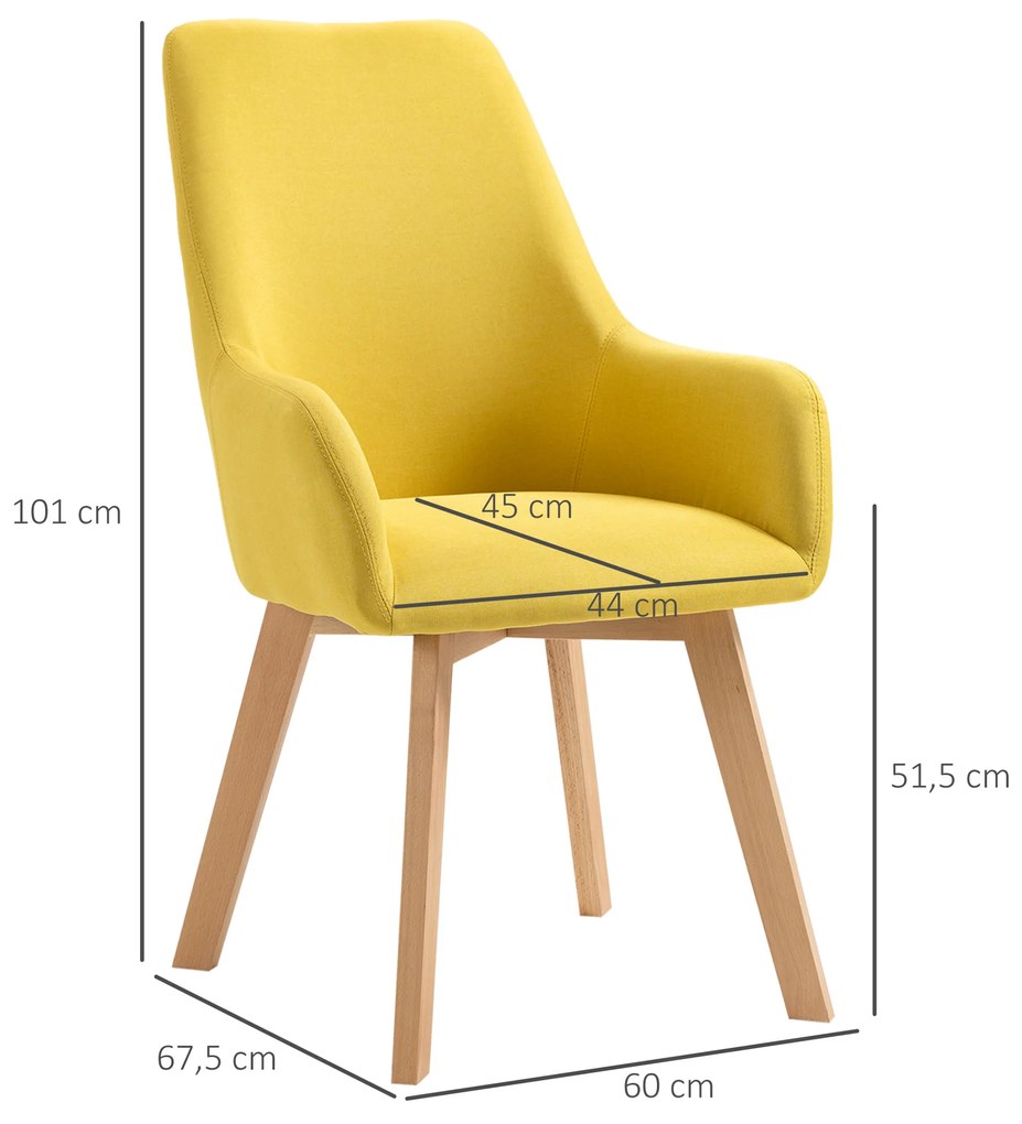 HOMCOM Conjunto de 2 Cadeiras de Sala de Jantar Cadeiras de Sala de Jantar Estofada em Linho com Encosto Alto e Pés de Madeira de Borracha para Sala de Estar Escritório Carga Máxima 120kg 60x67,5x101cm Amarelo