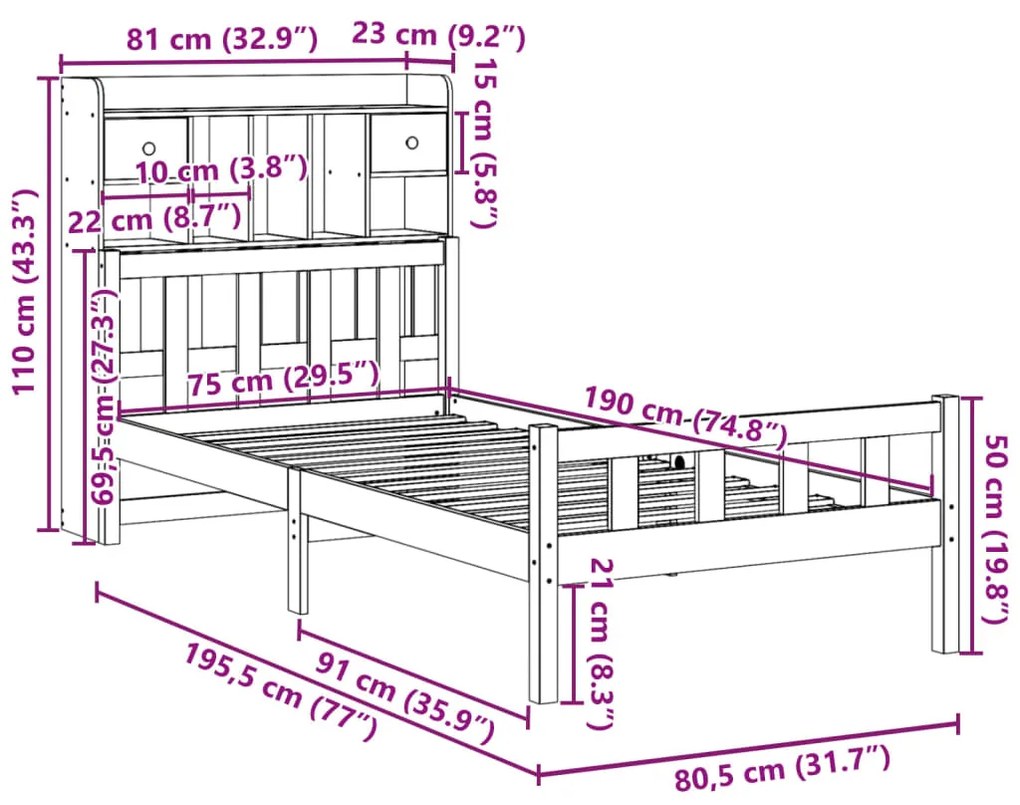 Cama com estante sem colchão 75x190cm pinho maciço castanho-mel