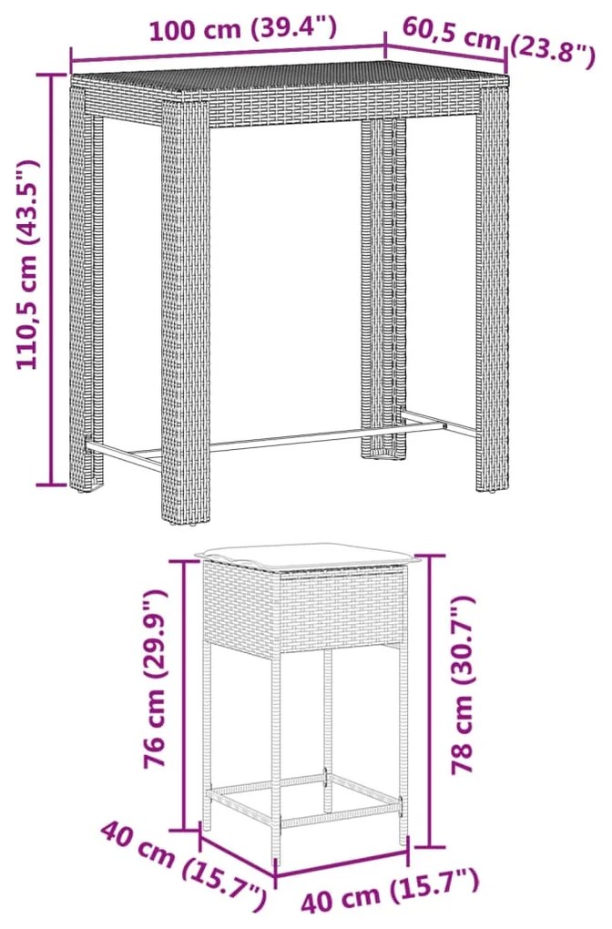7 pcs conjunto de bar para jardim c/ almofadões vime PE preto