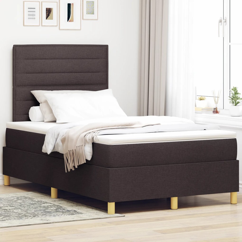 vidaXL Cama Box com Colchão &amp; LED Castanho Escuro 120x190 cm Tecido
