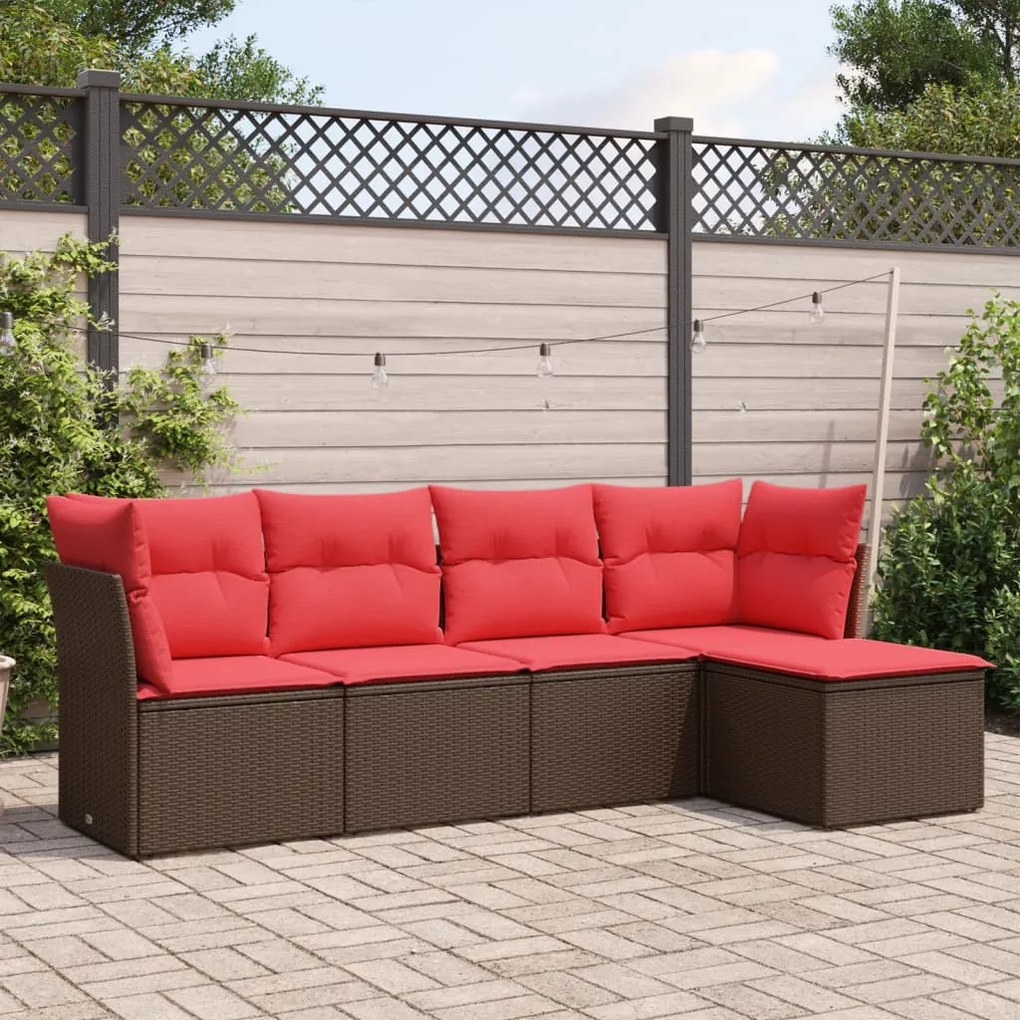 vidaXL 5 pcs conjunto sofás p/ jardim c/ almofadões vime PE castanho