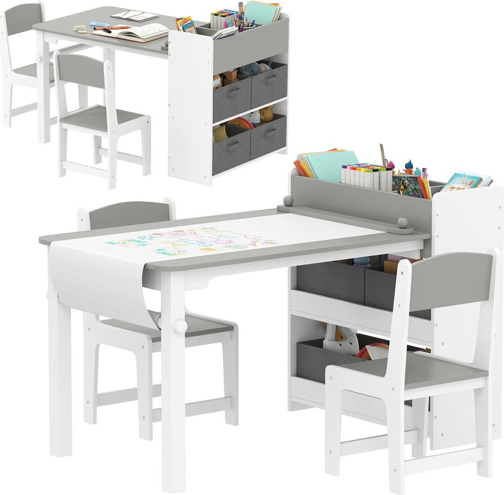 Conjunto de mesa e 2 cadeiras infantis em madeira com rolo de papel, prateleiras e gavetas, para meninas e meninos dos 3 aos 8 anos, cinzento