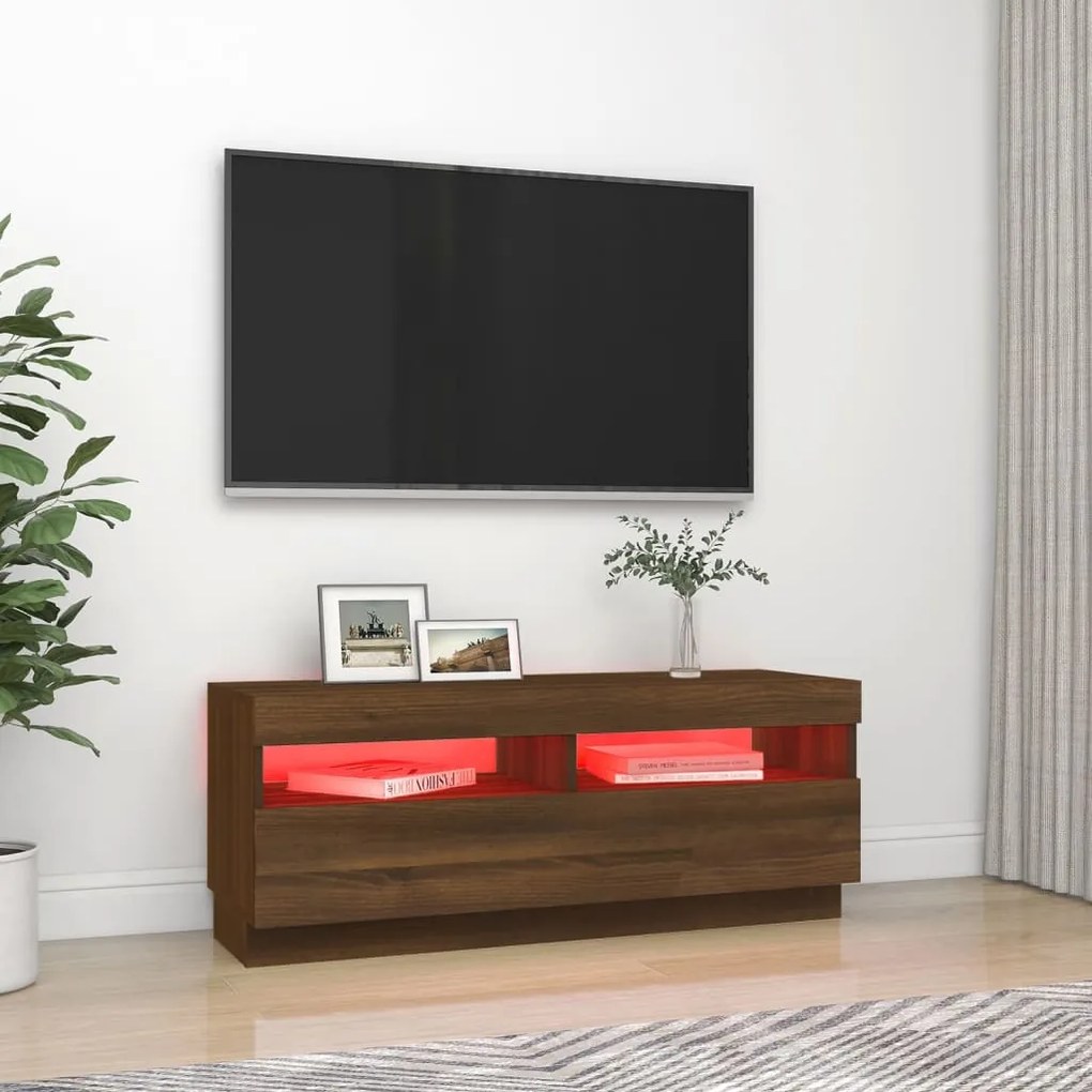 Móvel de TV com luzes LED 100x35x40 cm cor carvalho castanho