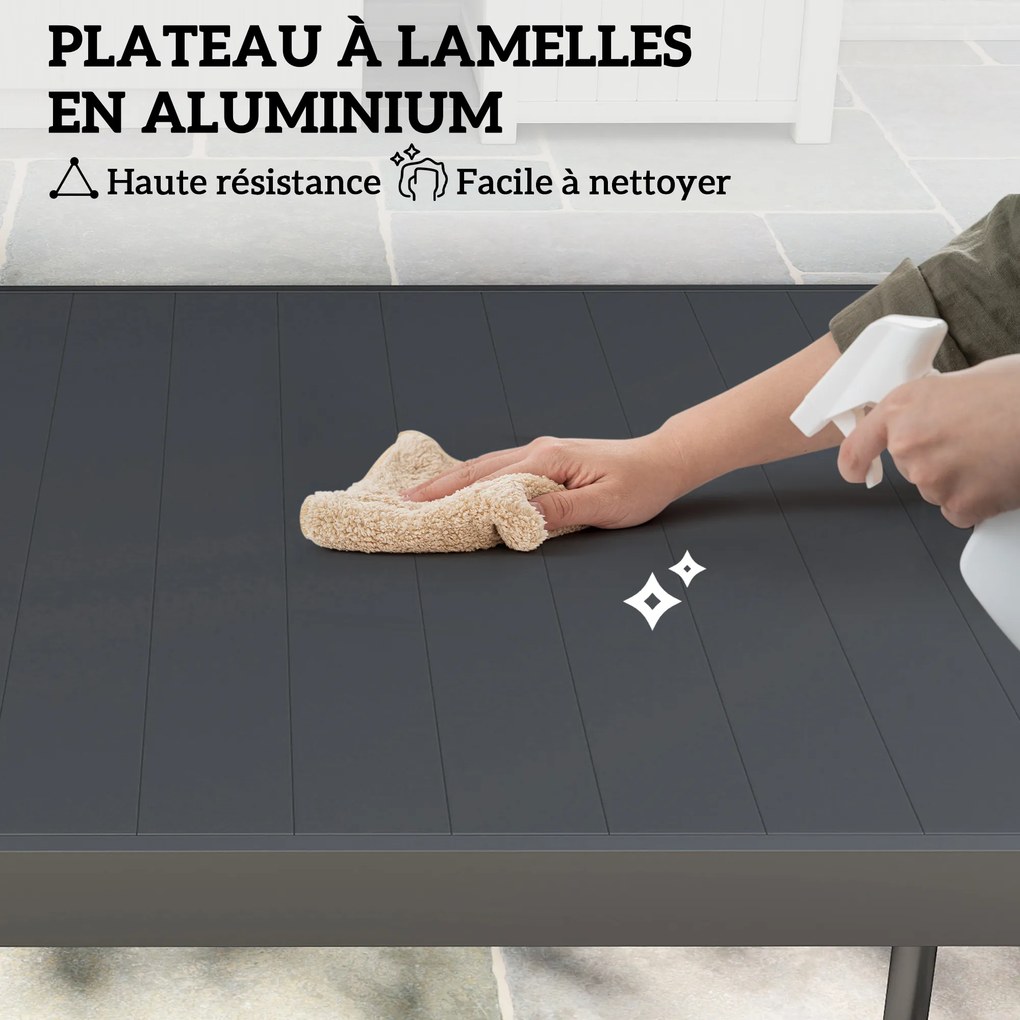 Mesa de jantar de jardim em aço 186 x 90 x 74 cm (CADEIRAS NÃO INCLUIDAS), mesa de jardim para 8 pessoas com tampo retangular em ripas, cinzento escur