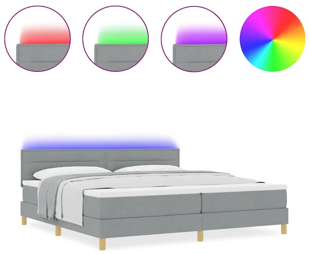 Cama Box com Colchão &amp; Luz LED Cinza Claro 200x200 cm Tecido