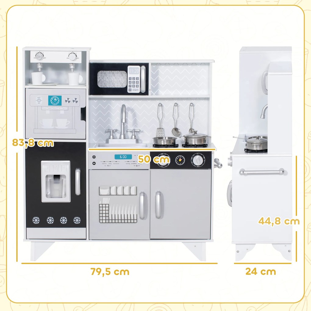 Cozinha de Madeira com Som Acessórios em Aço Inoxidável Micro-Ondas, Máquina de Gelo Cafeteira, Máquina de Lavar Loiça 79,5x24x83,8 cm Branco