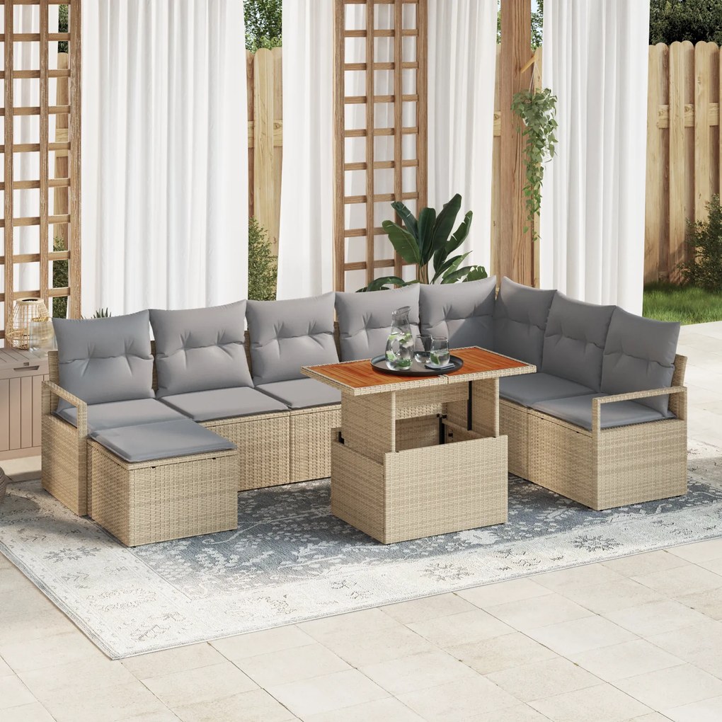 Conjunto de Sofá Jardim 9 Peças com Almofadas Bege Poliéster Vime Acác