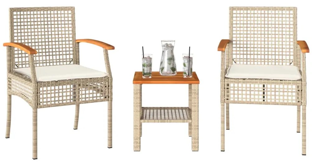 Conjunto de bistrô com almofadões 3 pcs vime PE e acácia bege