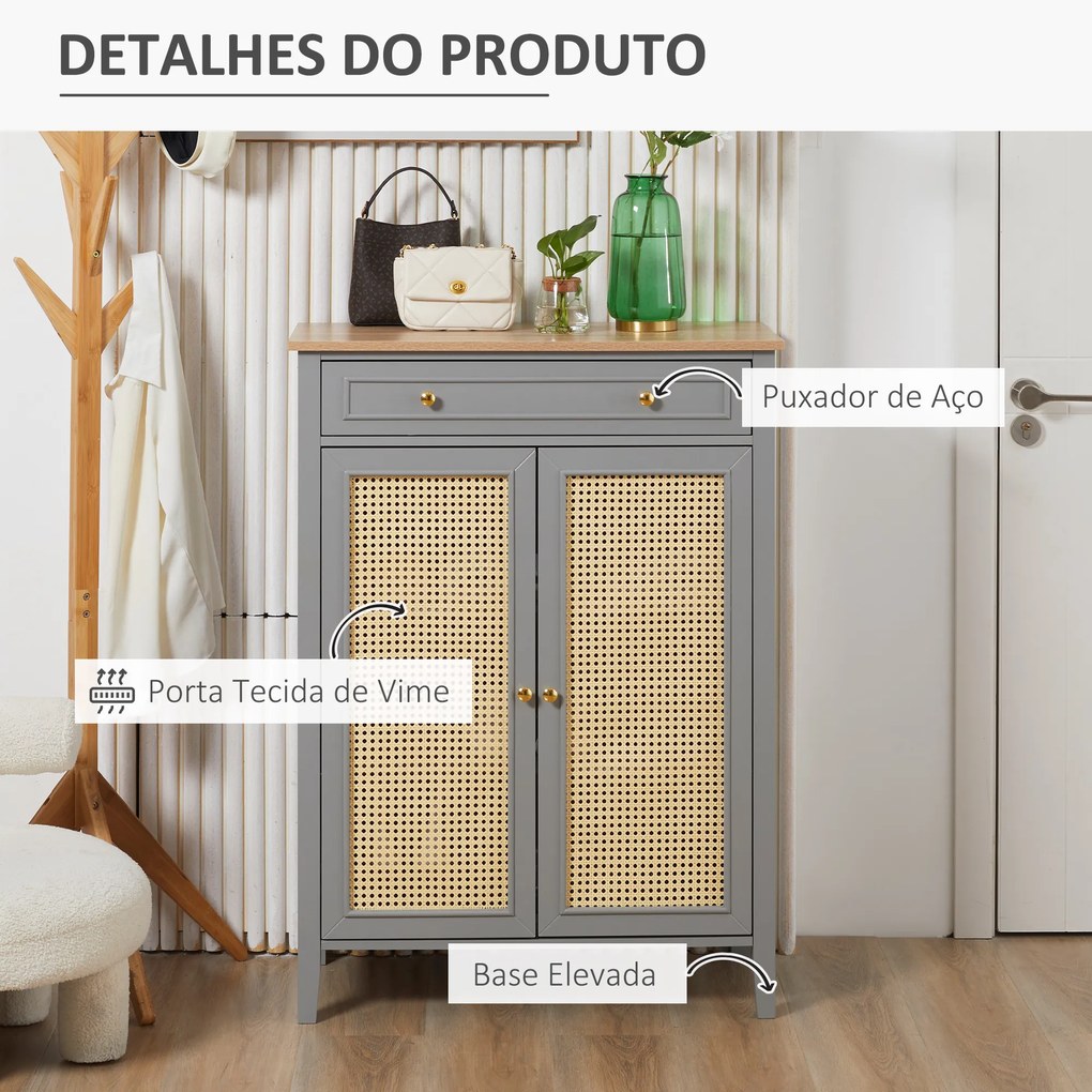 HOMCOM Sapateira para 9 Pares de Sapatos Armário para Sapatos com 2 Portas de Vime e Gaveta Estilo Cannage para Corredor Entrada 80x40x110cm Cinza