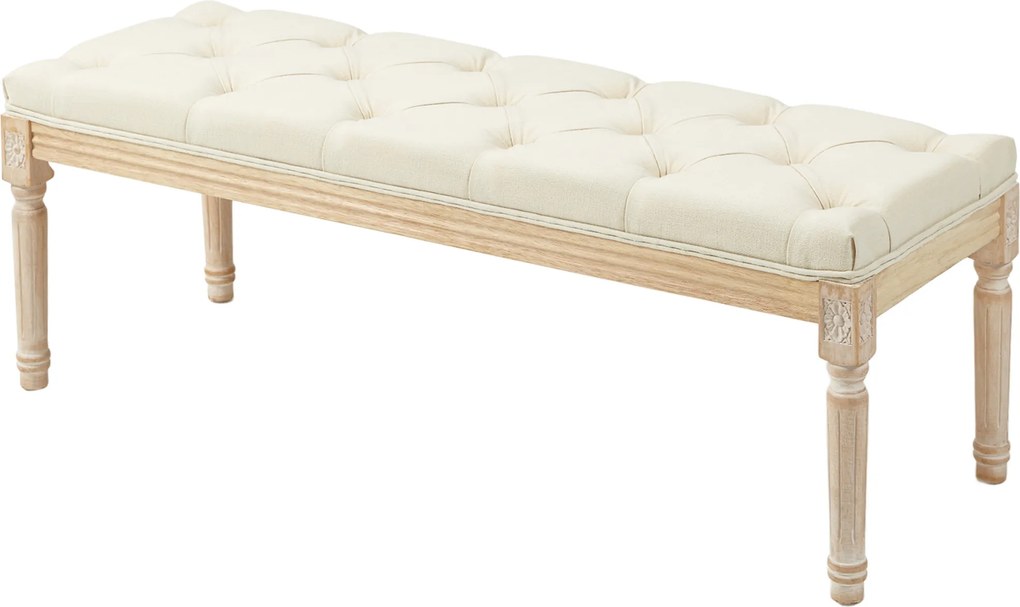 Banco aos Pés da Cama Capitonê, 115 x 40 x 43 cm, Revestimento com Aspeto de Linho, Creme