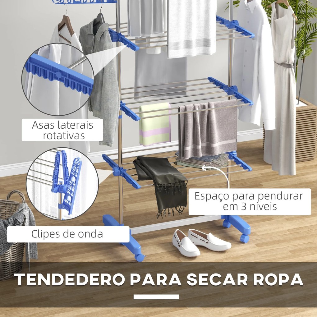 HOMCOM Estendal para Roupa Dobrável 80x55x152cm com 6 Rodas e 3 Pratel