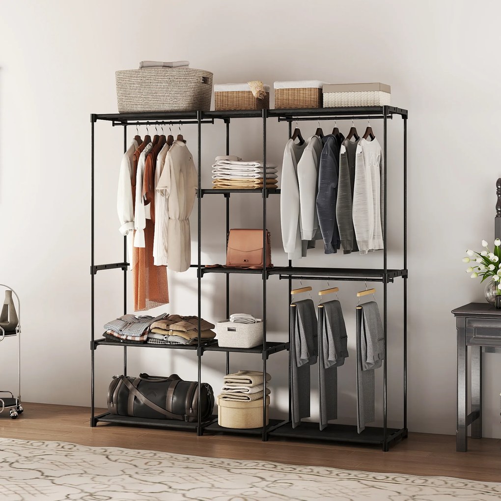 Guarda roupa aberto em tecido com barra para pendurar roupa e prateleiras, 182 x 43 x 185 cm, preto