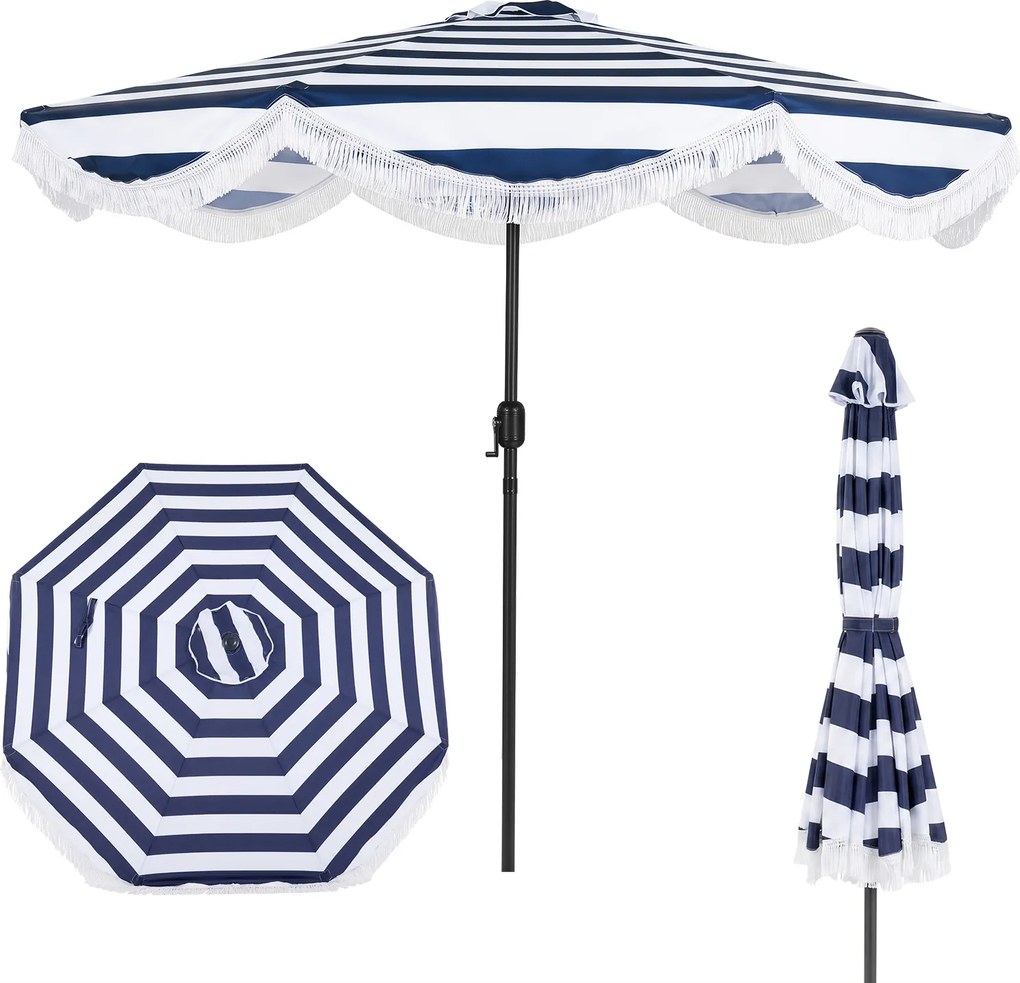 Guarda sol de Exterior com Franjas 270 x 234 cm (BASE NÃO INCLUIDA), Ângulo de Inclinação Ajustável, Azul e branco