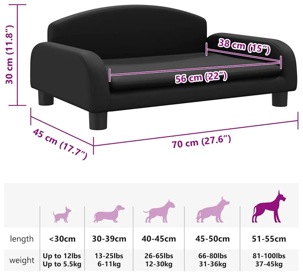 Cama para cães 70x45x30 cm couro artificial preto