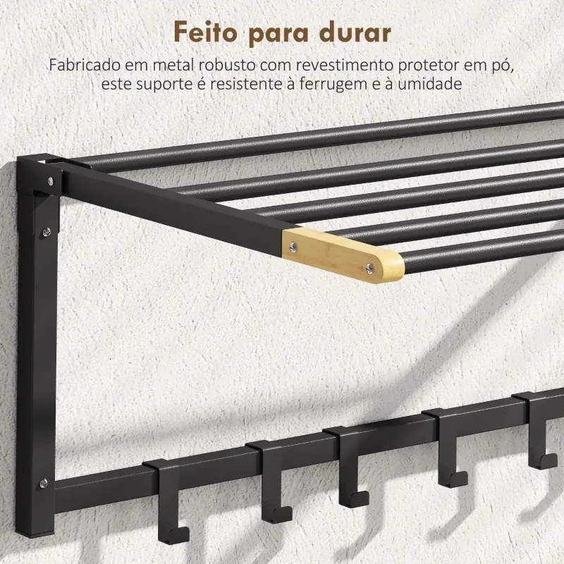 Toalheiro de Parede 60x32,5x20 cm Dobrável com 5 Barras e 6 Ganchos Suporte para Toalhas para Casa de Banho Dobrável e Compacto Preto