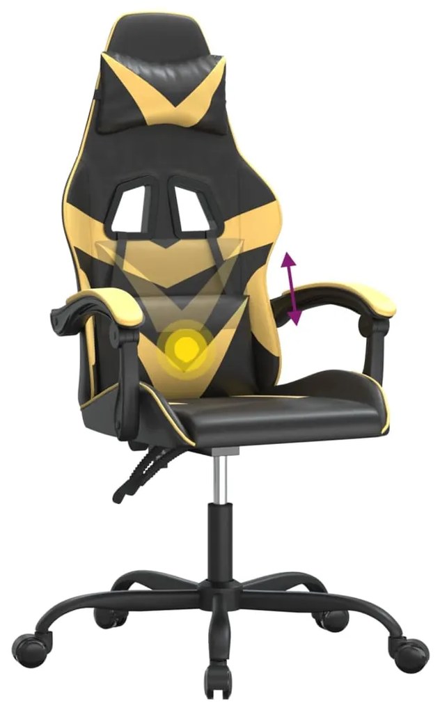 Cadeira gaming giratória couro artificial preto e dourado