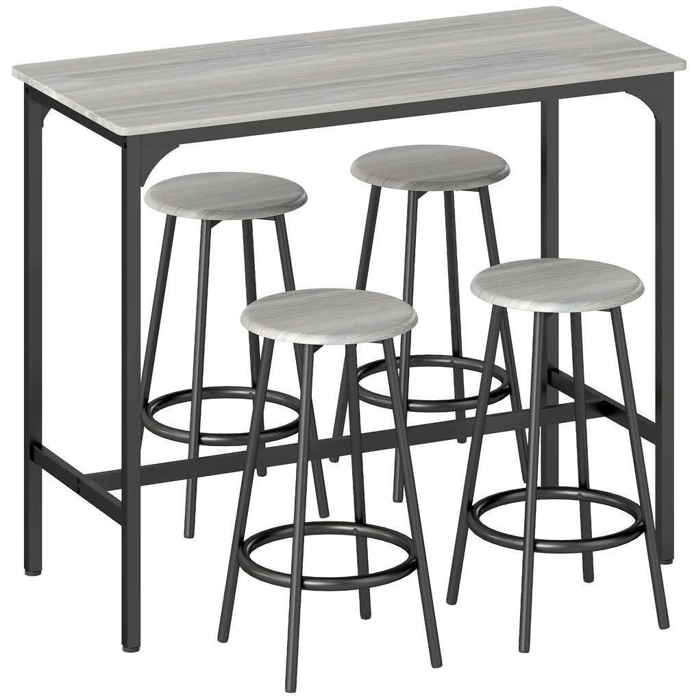 HOMCOM Conjunto de Móveis Altos de Bar com 5 Peças Mesa de Refeição Industrial e 4 Bancos Redondos Cinzento e Preto | Aosom Portugal