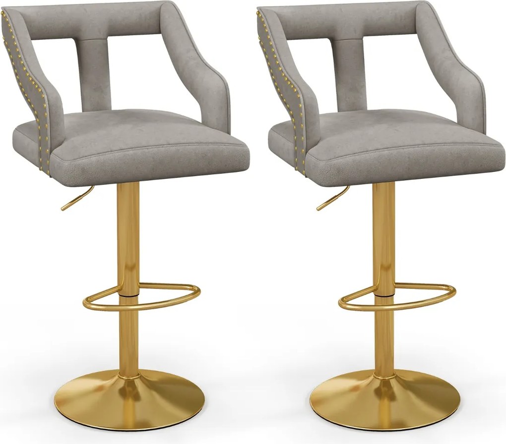 Conjunto de 2 bancos de bar giratório ajustável com apoio para os pés Base metálica tipo holandeses em veludo Cinzento e dourado
