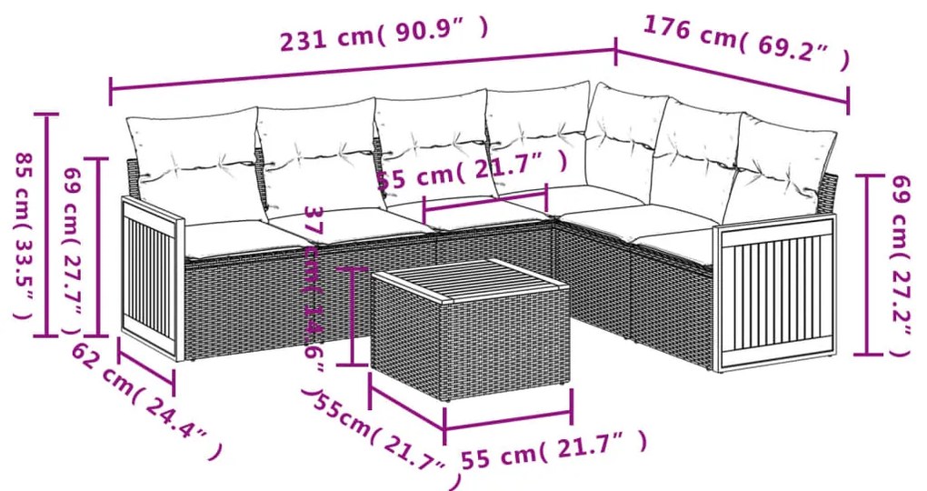 7 pcs conjunto sofás p/ jardim c/ almofadões vime PE cinzento
