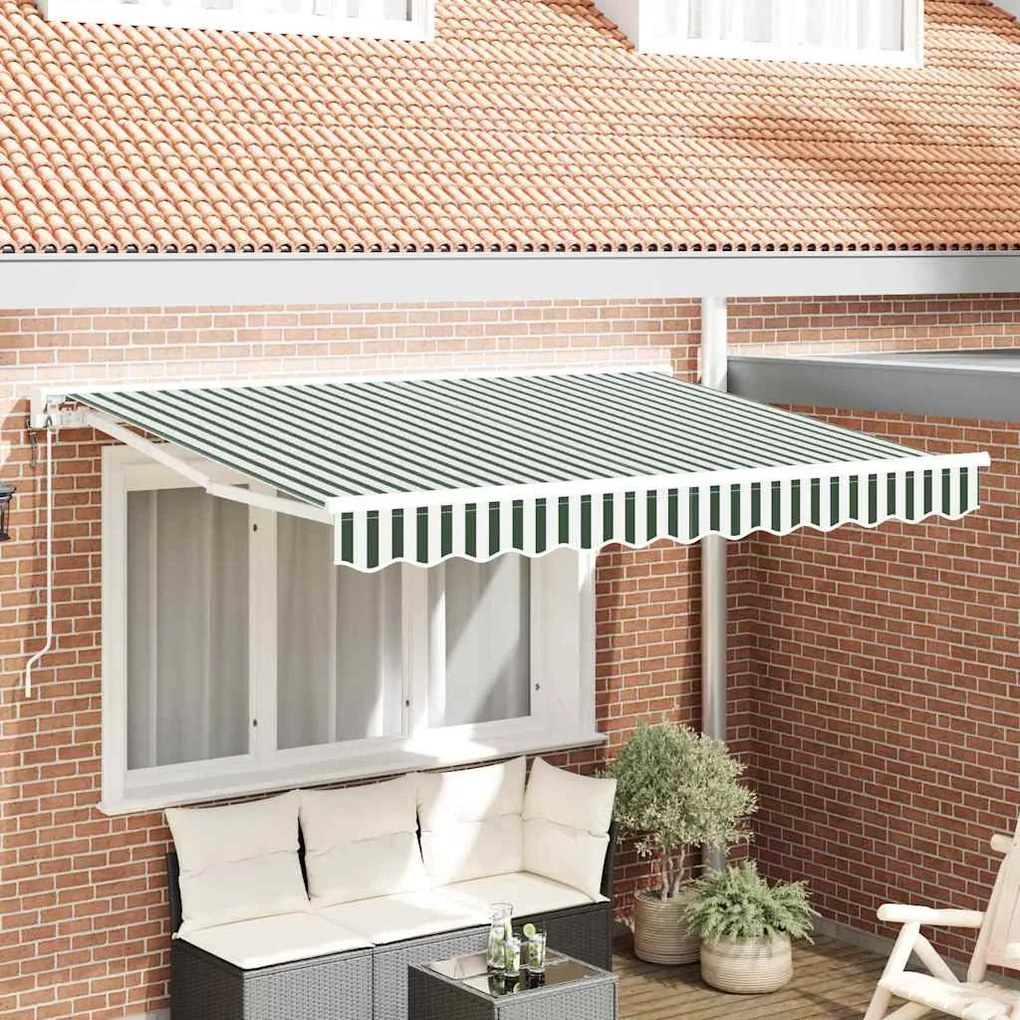 vidaXL Toldo Retrátil Verde e Branco 350 x 200 cm Poliéster e Metal