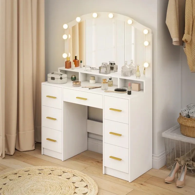Toucador maquilhagem com 10 Luzes LED de 3 Cores 110x40x150 cm com Espelho 7 Gavetas 3 Compartimentos Moderno Branco