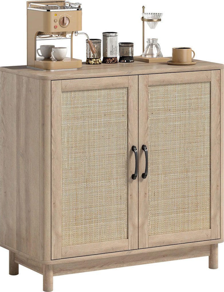Aparador de sala 76 x 35 x 75,5 cm, móvel de arrumação com 2 portas em rattan, prateleira ajustável e cantos arredondados, cor carvalho