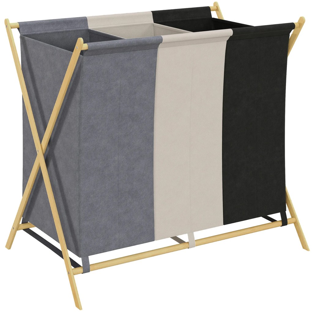 HOMCOM Cesto para Roupa Suja Dobrável com 3 Compartimentos Capacidade de 129L Cesto para a Lavandaria com Estrutura em Forma de X de Bambu e Sacos Removíveis 75x48x67 cm Multicolor