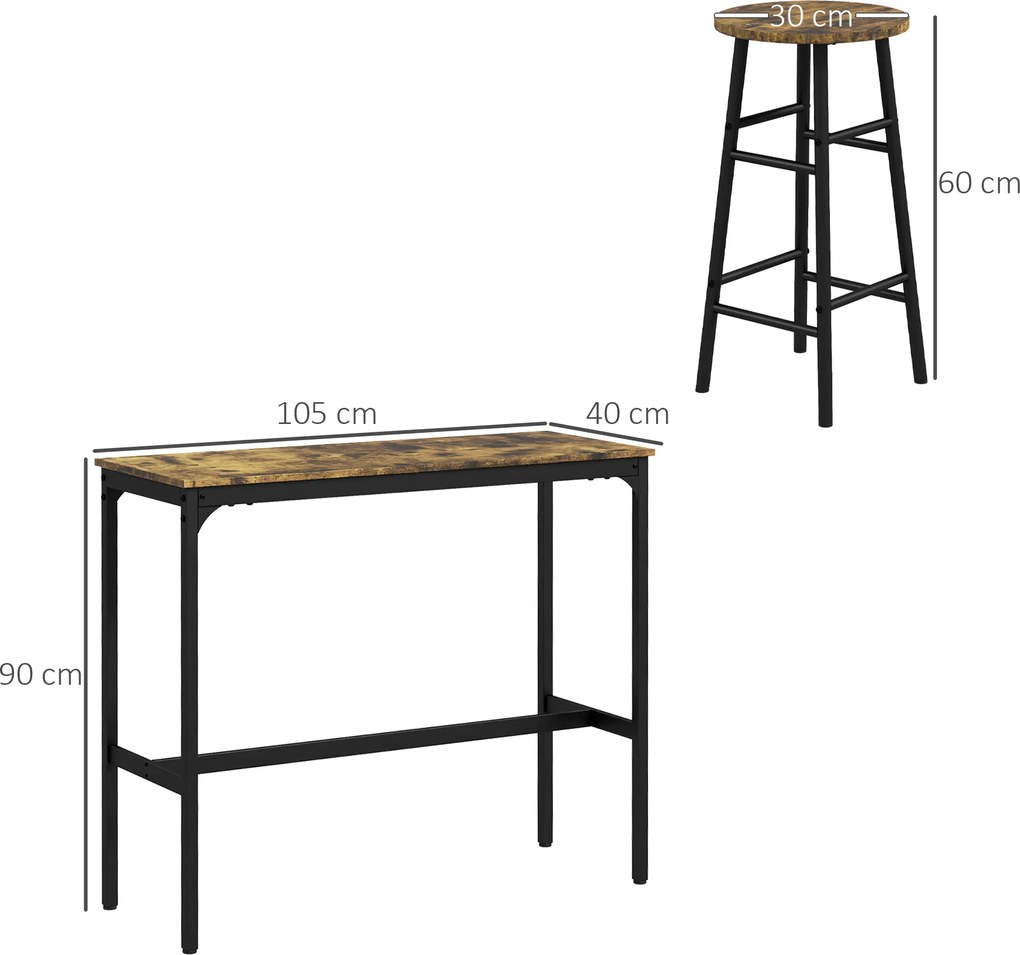 Conjunto de mesa alta de bar + 2 bancos com estrutura em aço e tampo com efeito de madeira de mogno para 2 pessoas, castanho rústico, preto