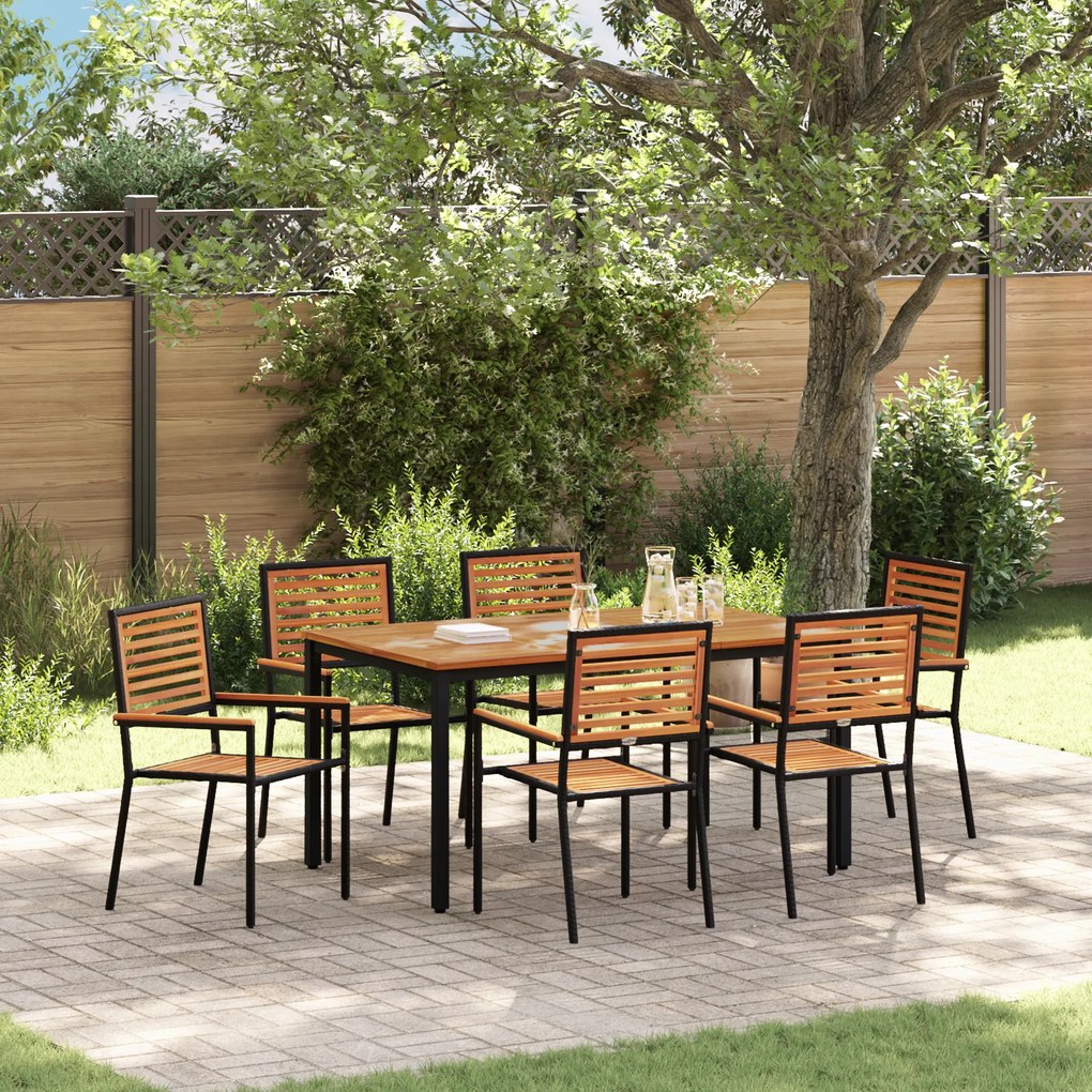 Conjunto de Jantar para Jardim vidaXL 7 Peças Preto de Poly Rattan Acácia