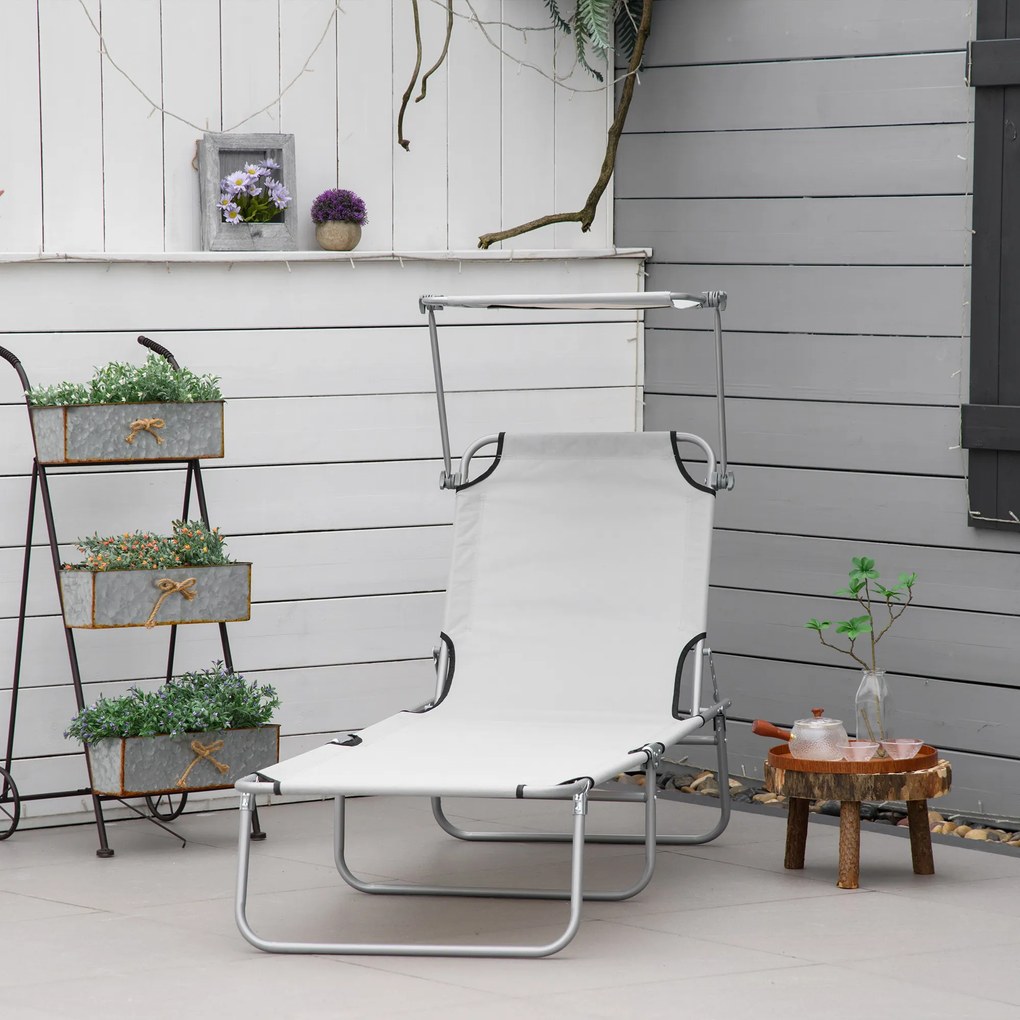 Espreguiçadeira de Jardim Dobrável com Toldo Removível e Ajustável e Encosto Ajustável em 4 Posições  187x58x36 cm Cinza Claro