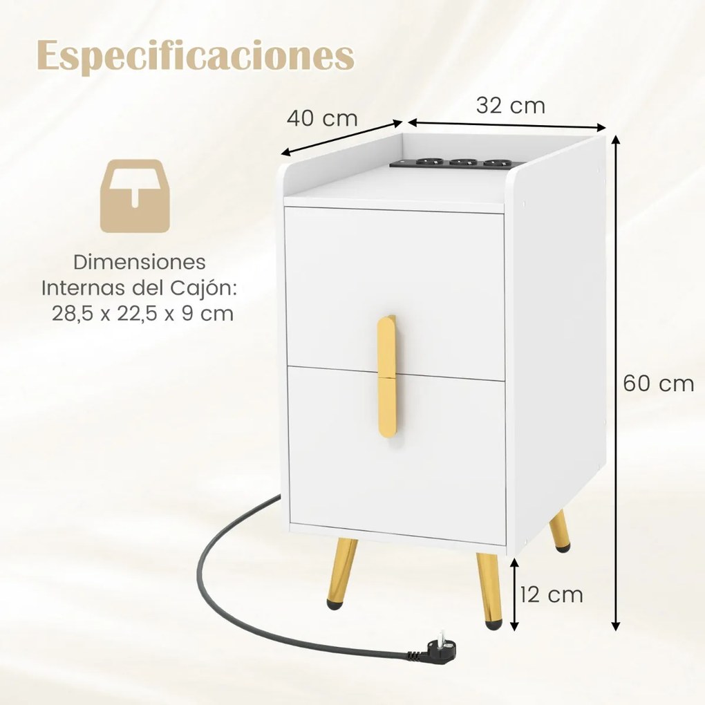 Mesa de cabeceira ou mesa apoio com 2 gavetas 40 x 32 x 60 cm e Estação de carregamento Pernas de metal resistentes branco