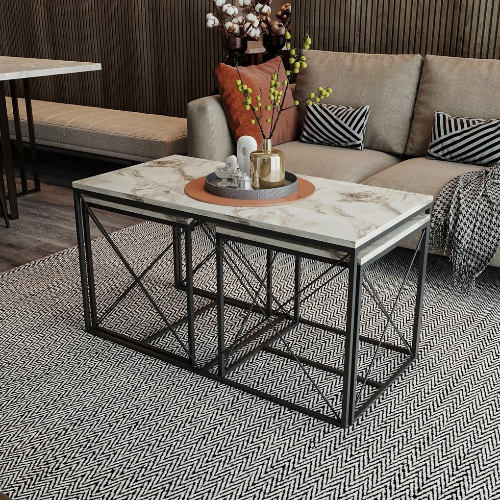 Conjunto de Mesas de Centro Defne – Mármore Branco e Preto – 100x52x50