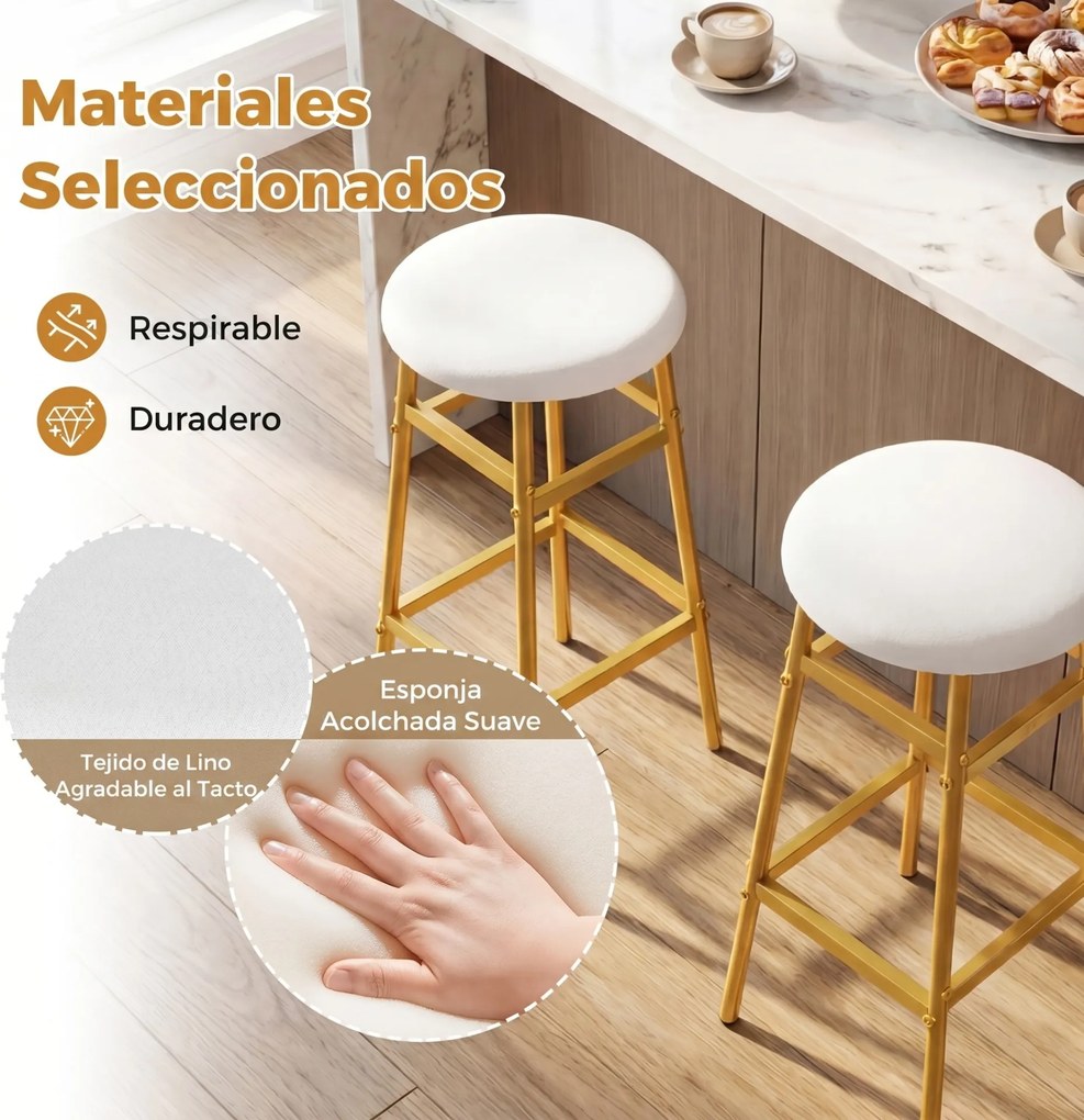 Conjunto de 2 Bancos de Bar Redondos, 33,5 x 73 cm, Estrutura Metálica Reforçada, Branco