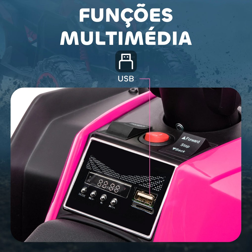 Moto 4 Elétrica para Crianças de 3-5 Anos Veículo Eléctrico a Bateria 12V com 2 Motores 83x53x55,5 cm Rosa