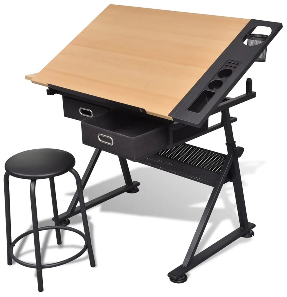 Mesa de desenho com tampo inclinável com banco