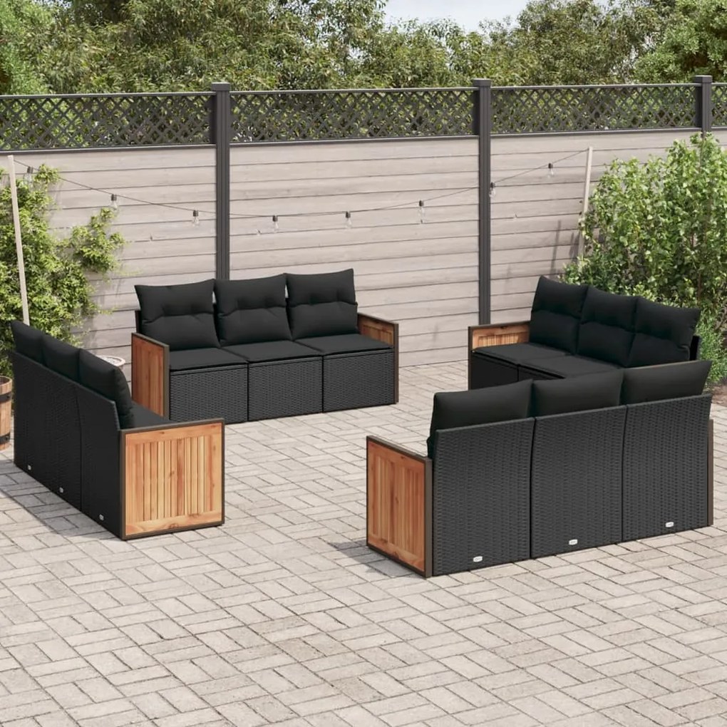 12 pcs conjunto de sofás de jardim c/ almofadões vime PE preto