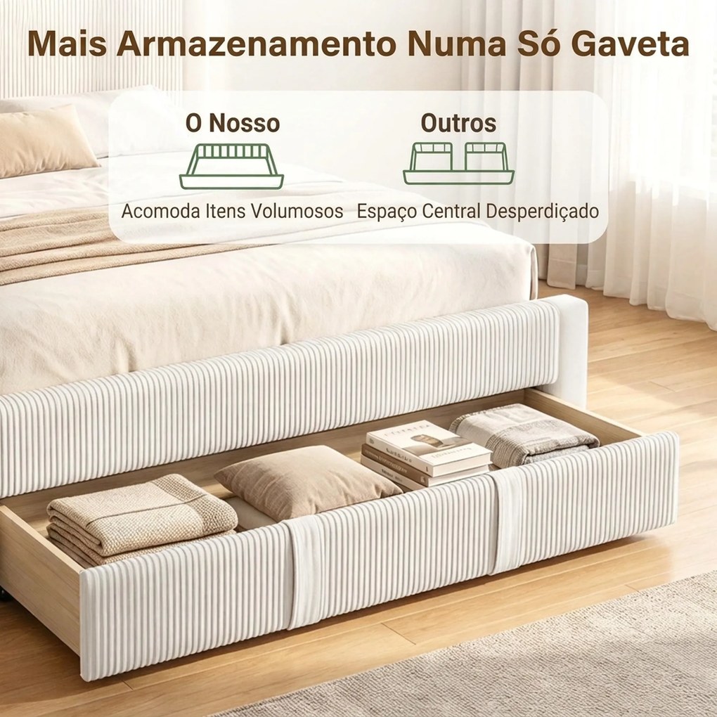Cama Estofada 140x200 cm (COLCHÃO NÃO INCLUIDO) com Cabeceira Acolchoada Gaveta de Arrumação e Ripas de Madeira Bege