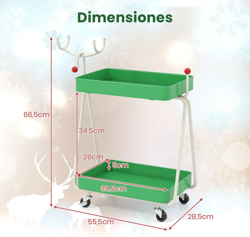 Mesa Auxiliar com desenho Rena de Natal 55,5 x 28,5 x 66,5 cm com 2 Níveis com Estrutura Metálica e Rodas Mesa de Natal para Espaços Pequenos Verde