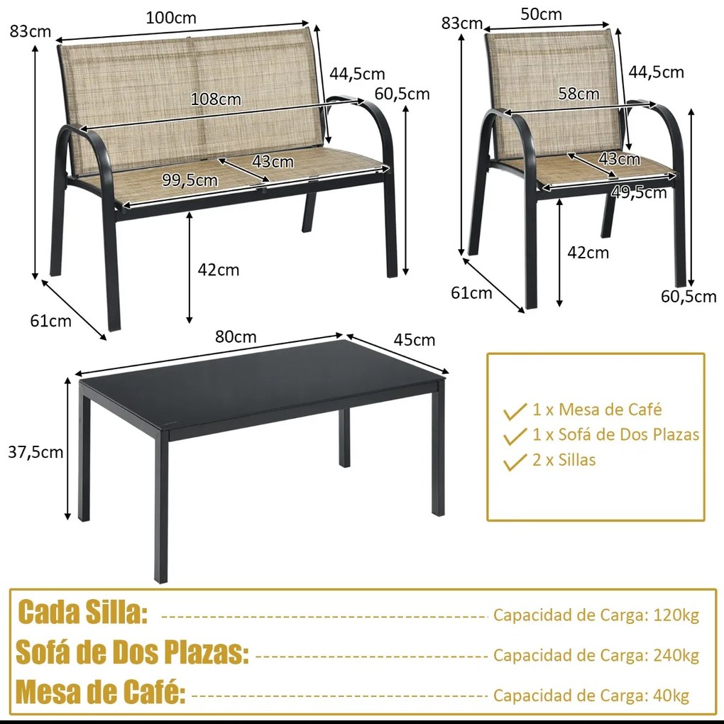 Conjunto jardim de mesa de centro, cadeirão e banco para mobiliário Mesa de jardim em ferro e rede Mesa de centro para terraço exterior Castanho