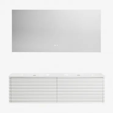 Conjunto De Móveis De Banheiro Em Madeira Noura Com Pias Integradas Branco & Retangular Led E Anti-embaciamento 160x75 Cm Jorvi & Sem Torneira - Sklum