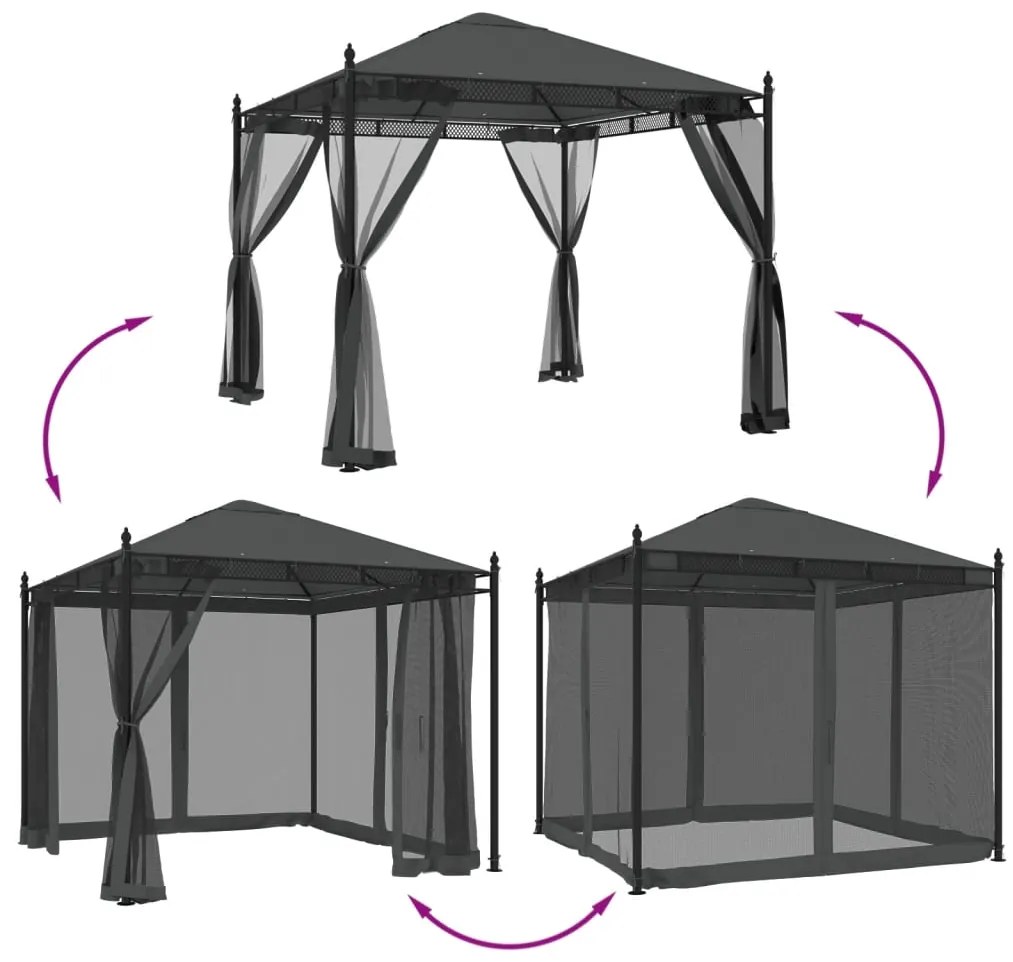 Gazebo com paredes de malha 2,93x2,93 m aço antracite