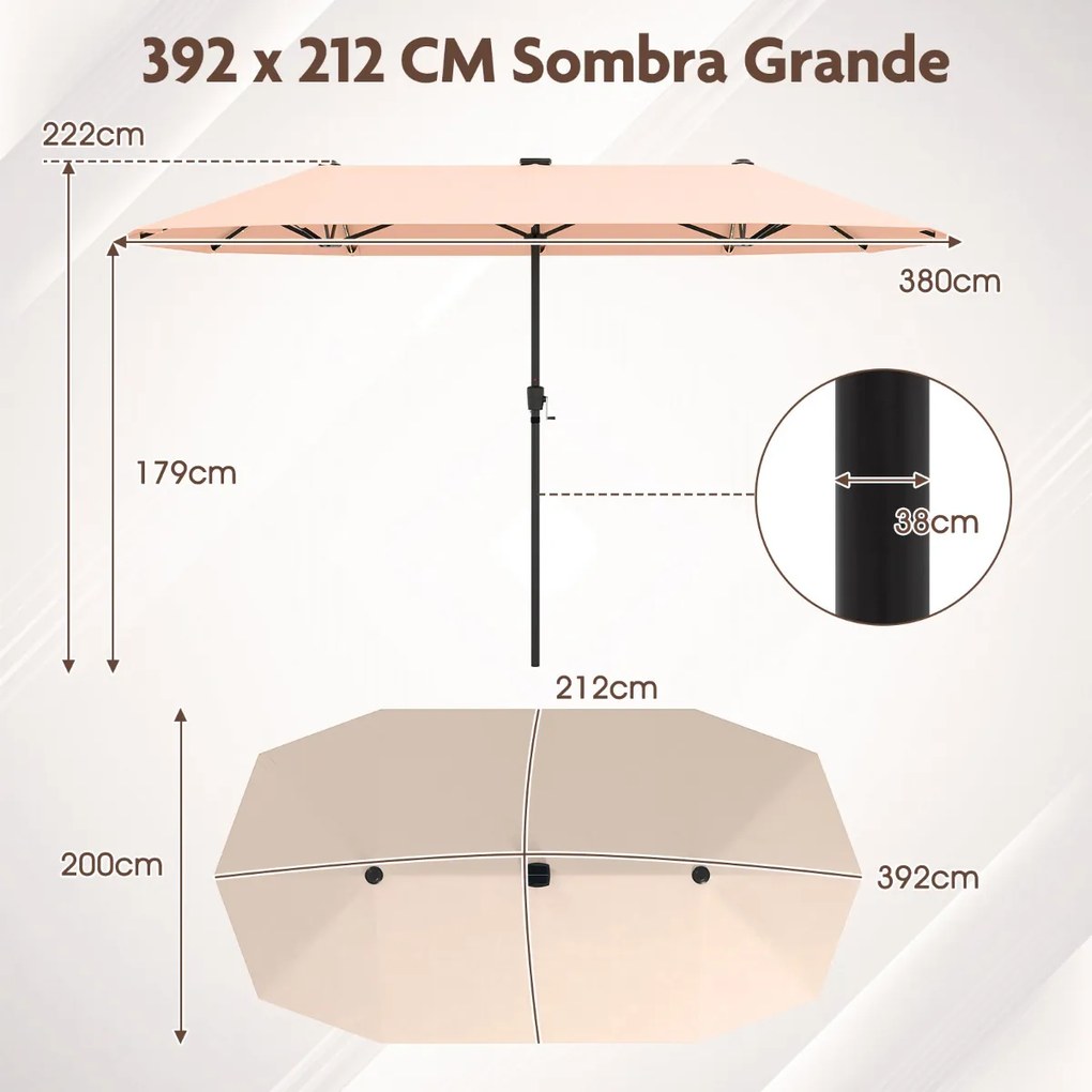 Guarda-sol grande 392 cm com luzes LED solares, manivela, 12 hastes, retangular de duas faces Bege