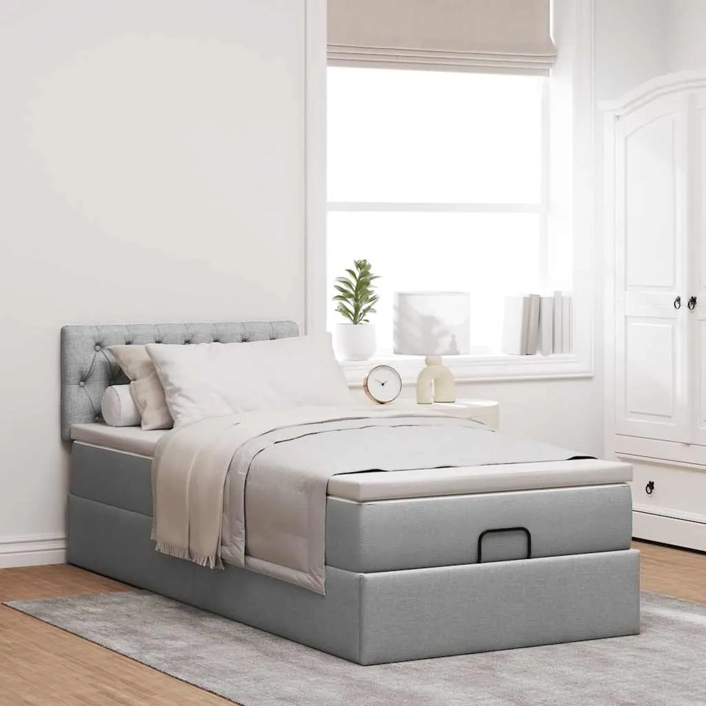 Cama Otomana com colchão & LEDs 90x200 cm tecido cinzento claro