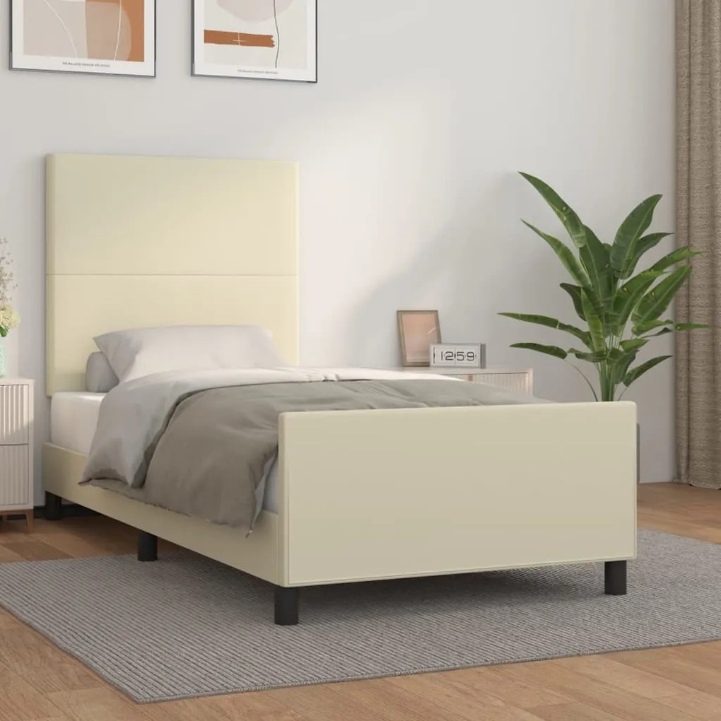 Estrutura de cama c/ cabeceira couro artificial 90x190 cm creme